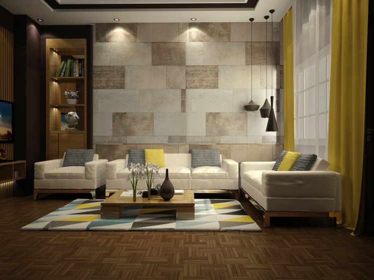wohnzimmer-renovieren-wandgestaltung-gardinen-farbig-gelb-grau-pendelleuchten-sofa-teppich-couchkissen