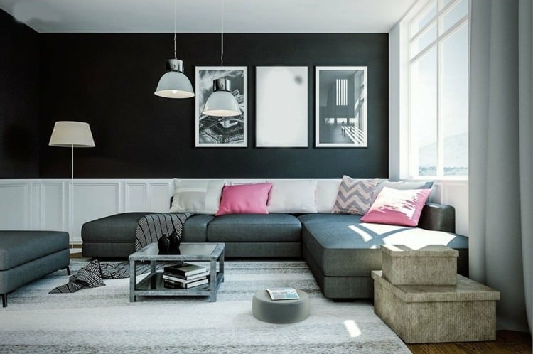 wohnzimmer schwarz-weiß-gestaltung-grau-ecksofa-wandbilder
