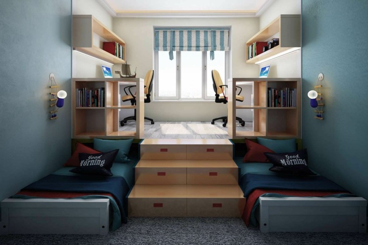 Doppelzimmer für Kinder mit zwei ausziehbaren Betten und Schreibtischen auf dem Podest