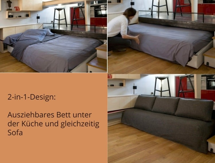 Wohnzimmer Einrichtung mit Bett und Sofa in einem unter eine Podest mit Küche