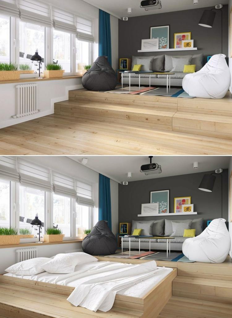 Wohnzimmer Podest mit Bett in moderner Ausführung und mit Stufen