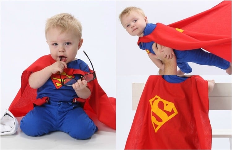 Baby Kostüm superman-junge-roter-umhang-blaues-t-shirt