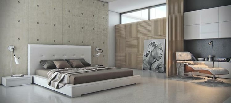 betonwand-selber-machen-betonpaneele-schlafbereich-relaxsessel-bild-holz-wandverkleidung-schränke