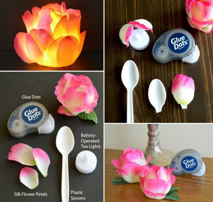 blumen-basteln-plastiklöffel-teelicht-idee-romantisch-rose-künstliche-blüten-led