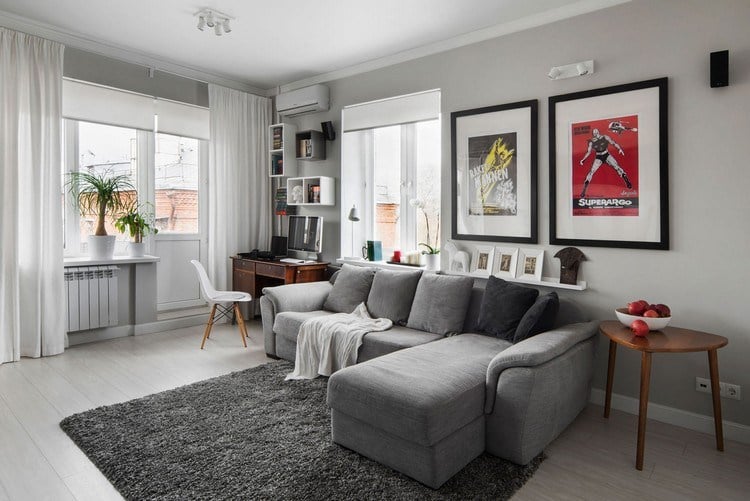 Einrichtungsbeispiele für Wohnzimmer graues-sofa-teppich-neutrale-farben