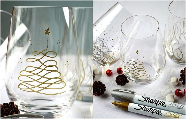 glas-bemalen-ideen-edding-marker-weihnachten-gold-tannenbaum-modern