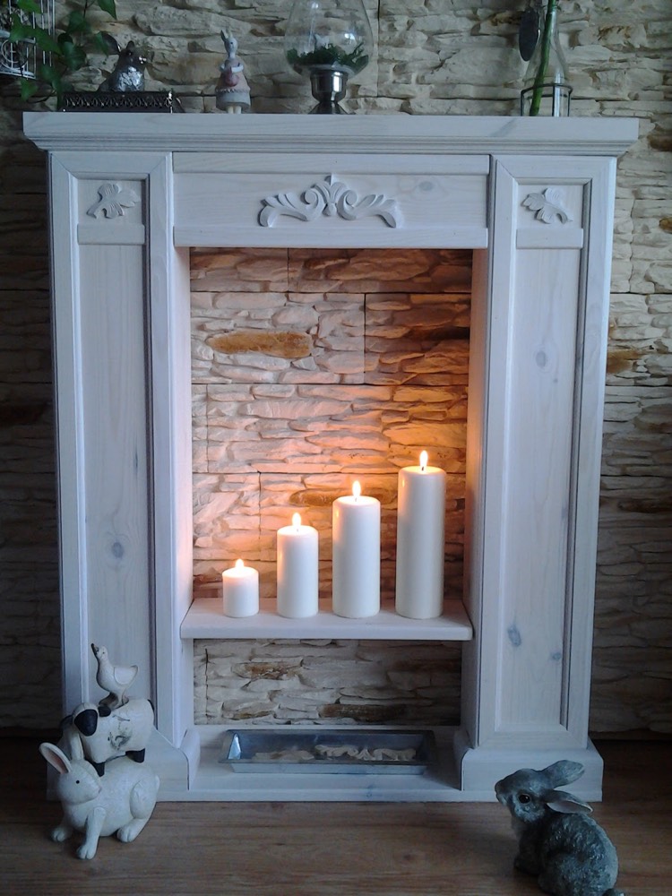 kaminkonsole-dekorieren-schmal-holz-steinwand-kerzen-höhen