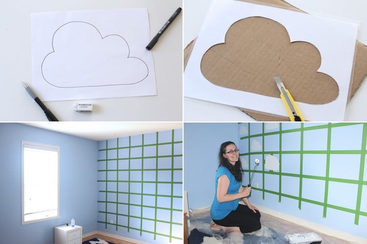 Kinderzimmer Deko mit Wolken wanddeko-wandmalerei-anleitung