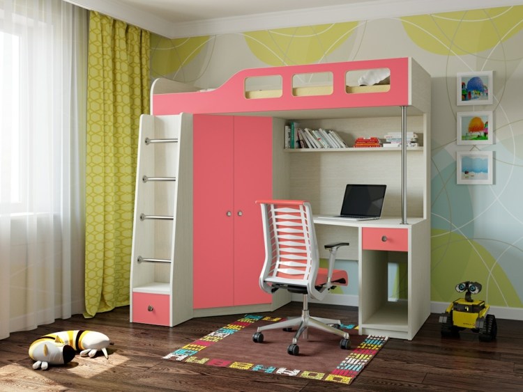 kinderzimmer-optimal-einrichten-hochbett-mädchenzimmer-rosa-stuhl-schrank-schreibtisch-platzsparend-