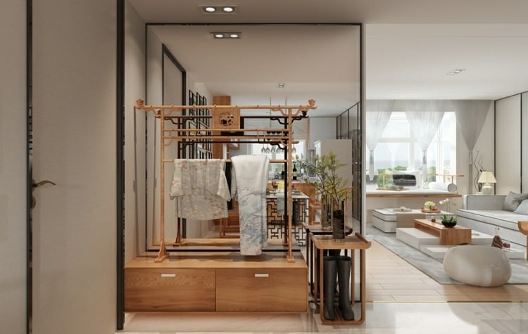 minimalistisch-wohnen-eingang-raumteiler-spiegel-garderobe-idee