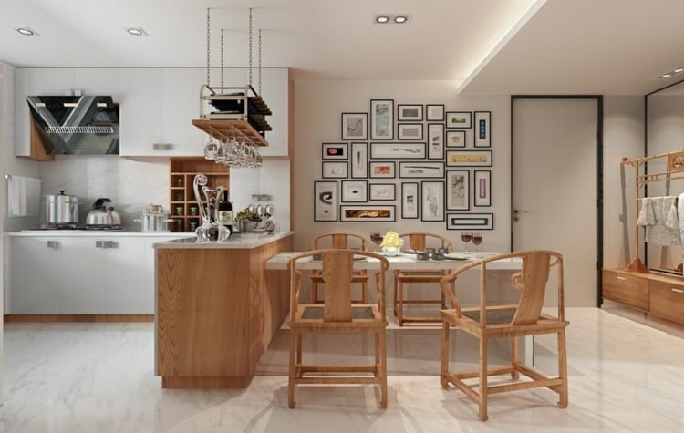 minimalistisch wohnen essbereich-einrichten-esstisch-stühle-fotocollage-wand