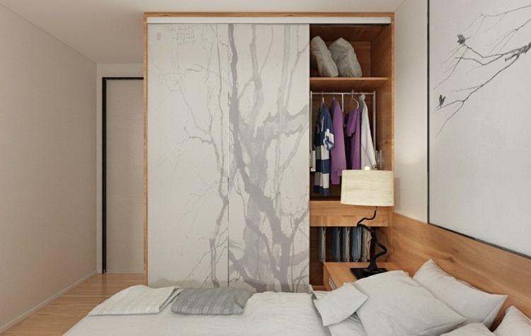 minimalistisch-wohnen-holz-weiß-schlafzimmer-chinesisch-motive-kleiderschrank