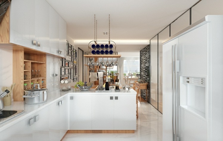 minimalistisch-wohnen-kleine-küche-weiß-schränke-hochglanz