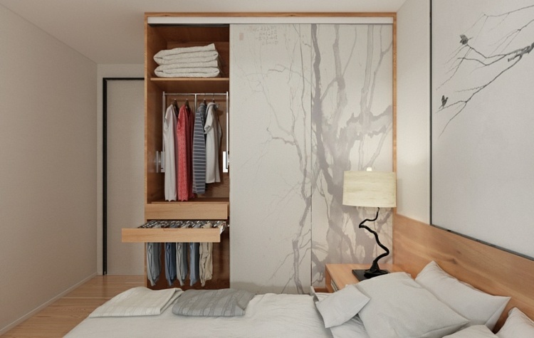 minimalistisch-wohnen-luxus-schlafzimmer-bett-schrank-schiebetür-idee-wandbild