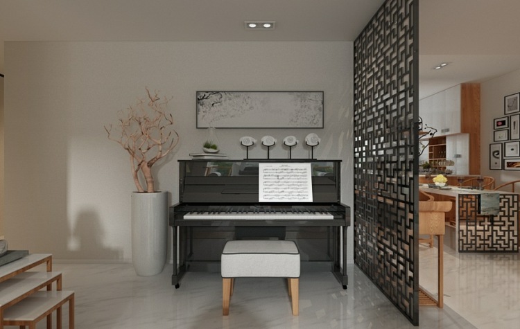 minimalistisch wohnen raumteiler-asiatisch-stil-schwarz-klavier