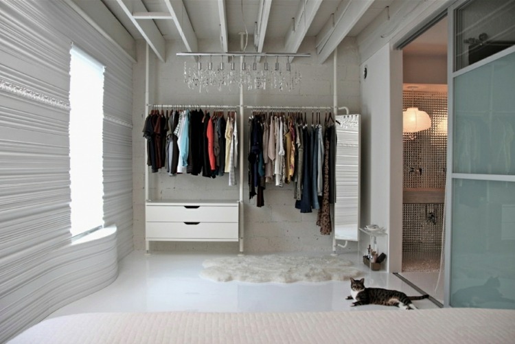 offener-kleiderschrank-minimalistisch-schlafzimmer-spiegel-schubladen-katze-schiebetür-badezimmer-fenster