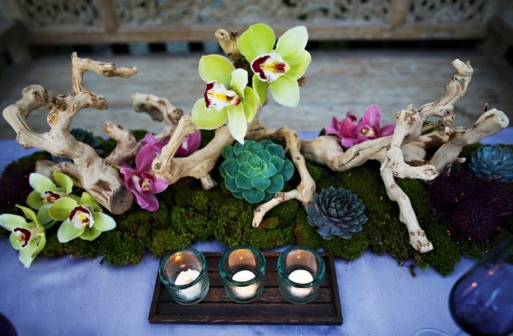 orchideen-tischdeko-rustikal-treibholz-teelichthalter-moos-fuchsia-grün-holz-glas