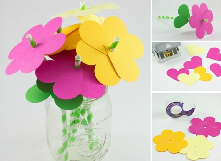 papierblumen-basteln-kindern-blumenstrauß-künstlich-stanzer-strohhalm-vase-einweckglas