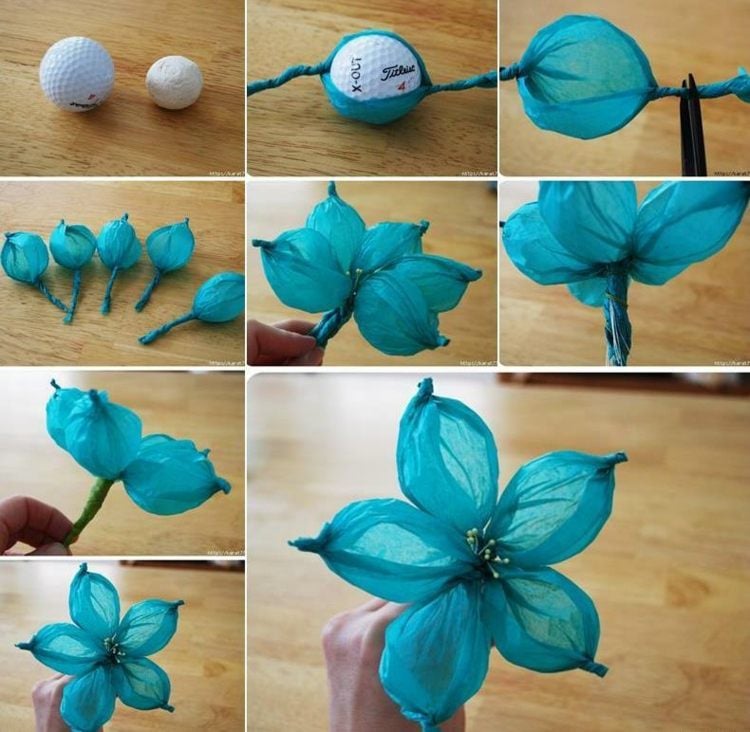 papierblumen-basteln-kindern-seidenpapier-blau-golfball-idee-3d-blume