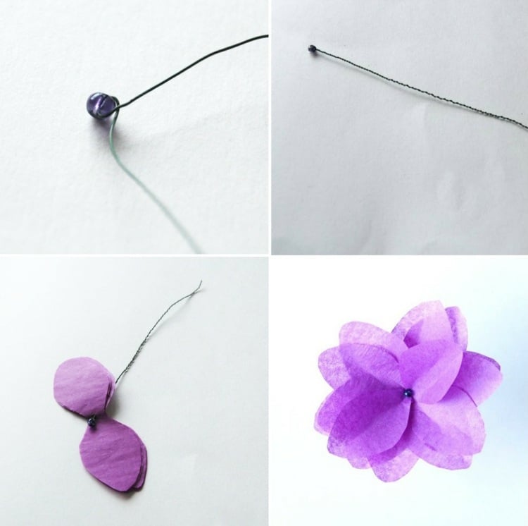 papierblumen basteln mit kindern draht-perle-lila-krepppapier-blüten
