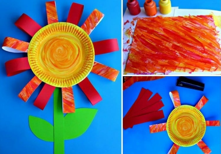 papierblumen basteln mit kindern frühlingsbasteln-pappteller-papierstreifen-sonnenblume-bild-kleben