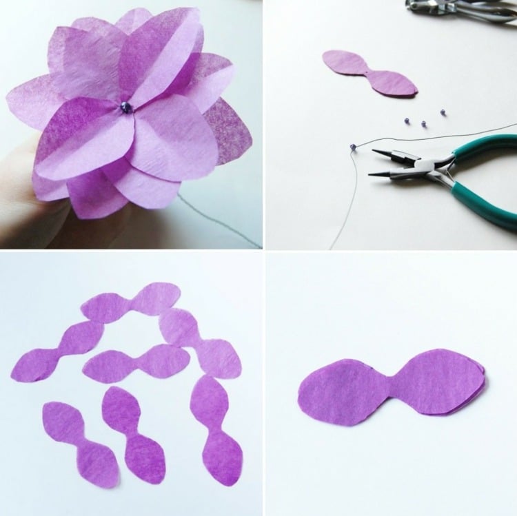 papierblumen basteln mit kindern seidenpapier-einfach-blüten-diy-lila