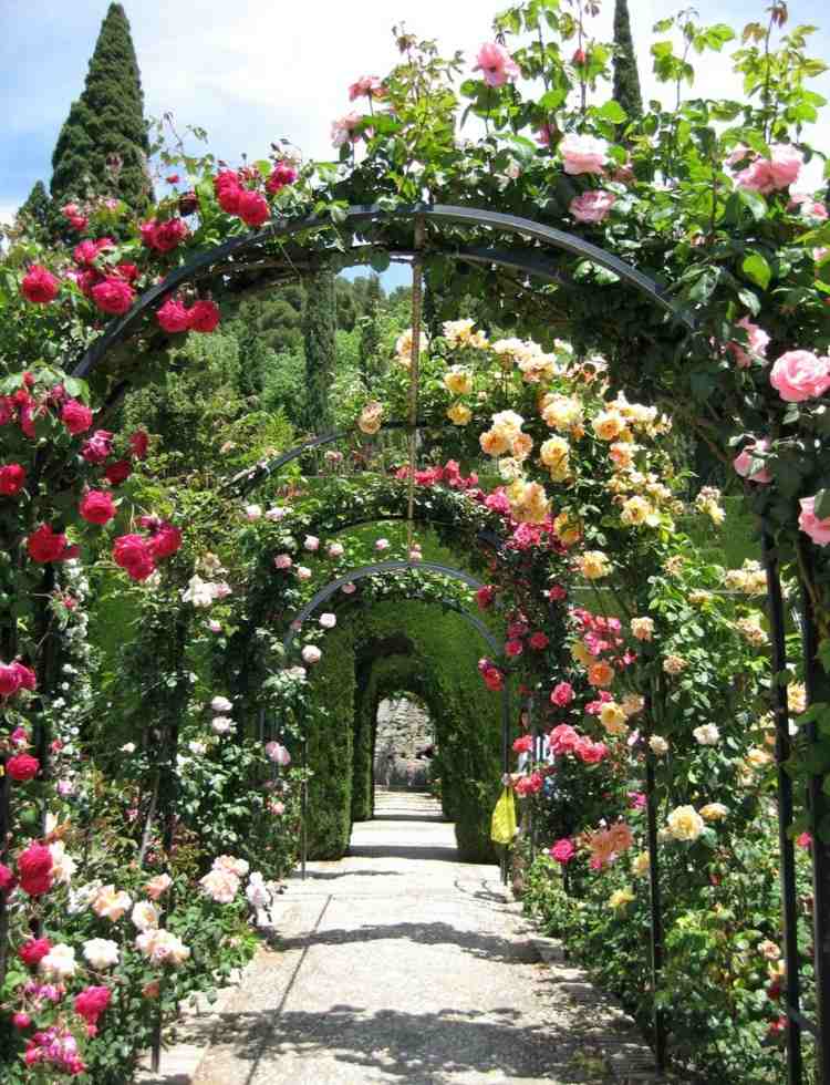 rosenbogen bepflanzen garten-park-rankenhilfe-stahl-kletterrosen-weiß-rosa-gelb