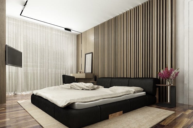 schlafzimmergestaltung-ideen-modern-Holz-Lamellen-schwarzes-bett-hinterbeleuchtung