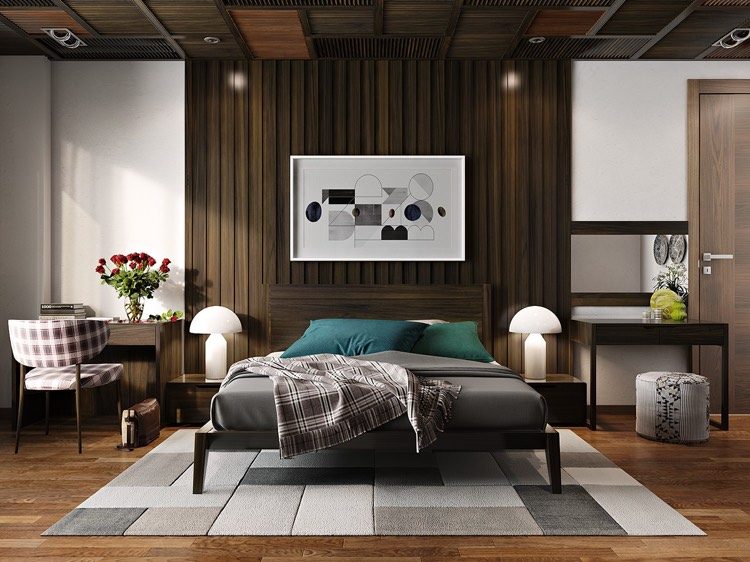 schlafzimmergestaltung-ideen-modern-alpin-look-dunkles-holz-lamellenwand