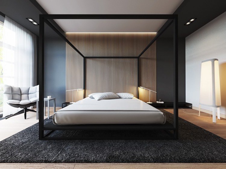schlafzimmergestaltung-ideen-modern-himmelbett-schwarz-lamellenwand-led-deckenbeleuchtung