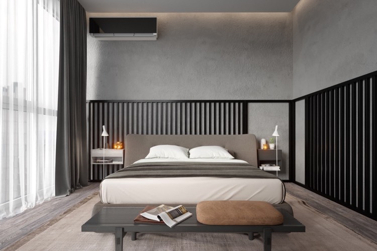 schlafzimmergestaltung-ideen-modern-holzlamellen-schwarz-wandputz-betonlook