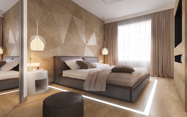 moderne Schlafzimmergestaltung ideen-holzlatten-muster-dreieck-creme-braun-beige