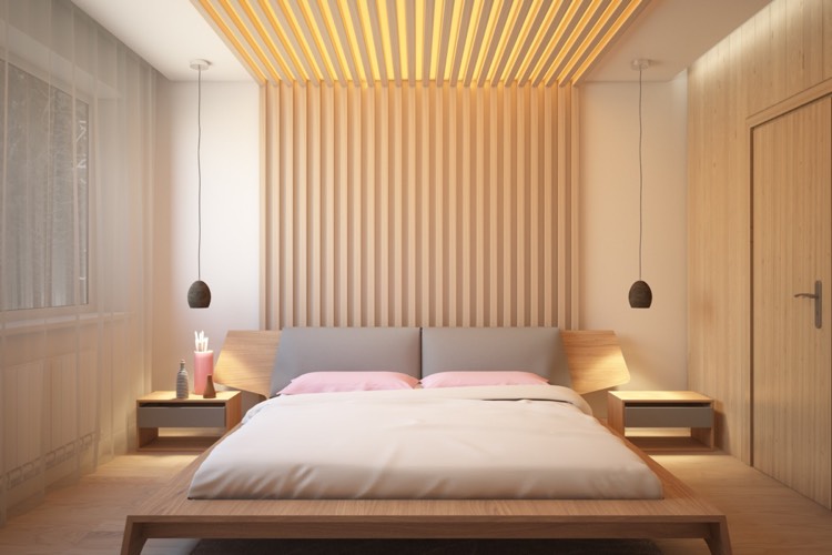 Schlafzimmergestaltung Ideen modern-holzlatten-wand-decke-naturbelassen