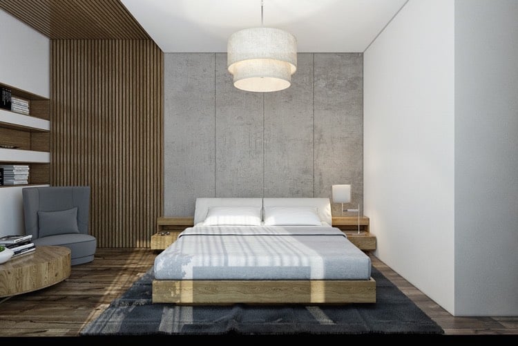 moderne Schlafzimmergestaltung ideen-lamellen-wand-decke-grau