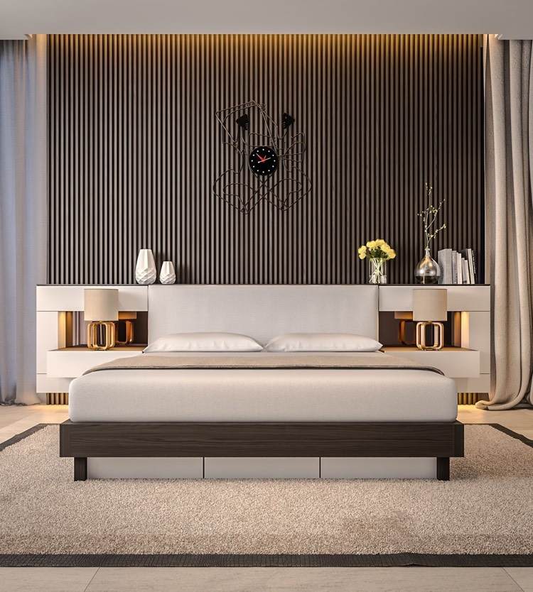 schlafzimmergestaltung-ideen-modern-lamellenwand-deckenbeleuchtung-wanduhr-kopfteil-ablage