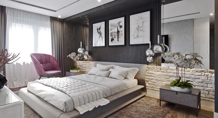 schlafzimmergestaltung-ideen-modern-lamellenwand-grau-stein-kombination-led-leisten