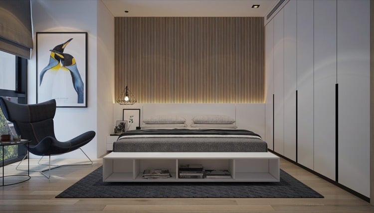 schlafzimmergestaltung-ideen-modern-lamellenwand-holz-weiss-kopfteil-led-leisten