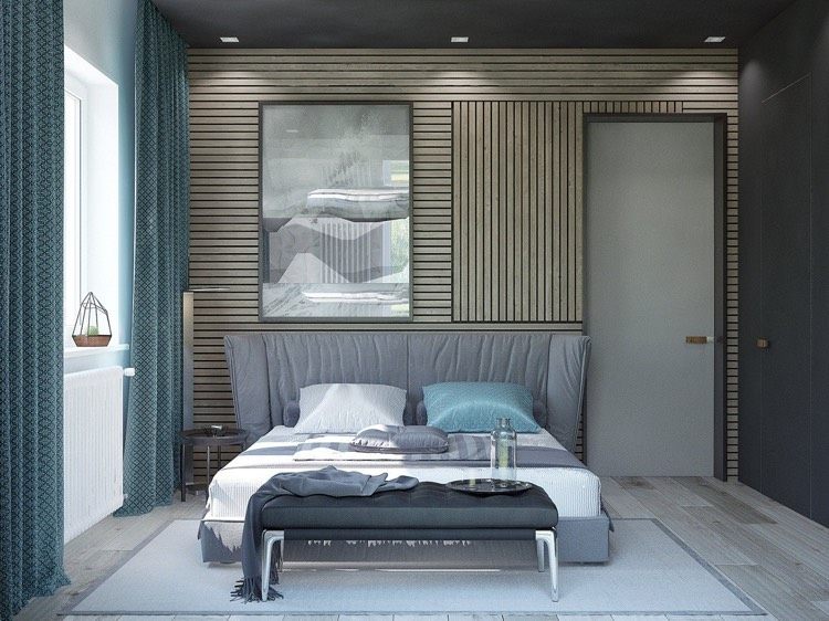 schlafzimmergestaltung-ideen-modern-lamellenwand-muster-wand-gemälde