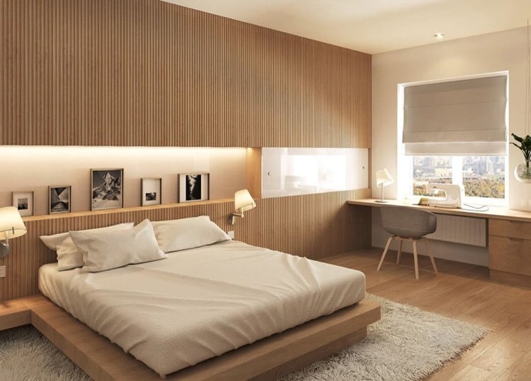 schlafzimmergestaltung-ideen-modern-lamellenwand-verkleidung-podestbett-wandnische