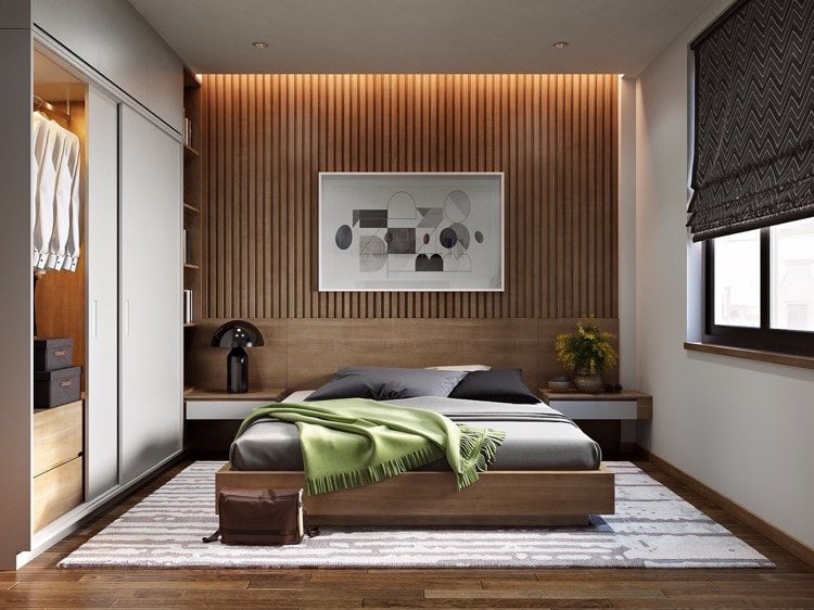 schlafzimmergestaltung-ideen-modern-naturbelassen-abgehängte-decke-led-kleiderschrank