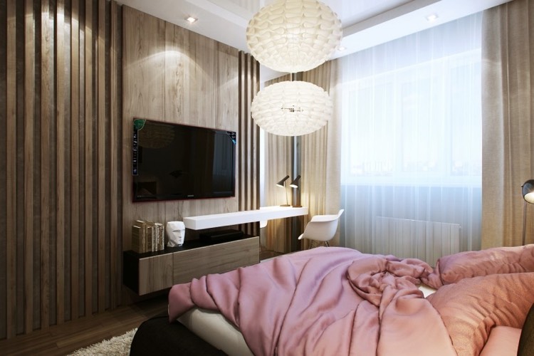 schlafzimmergestaltung-ideen-modern-wand-fernseher-holzpaneele-lamellen-schreibtisch
