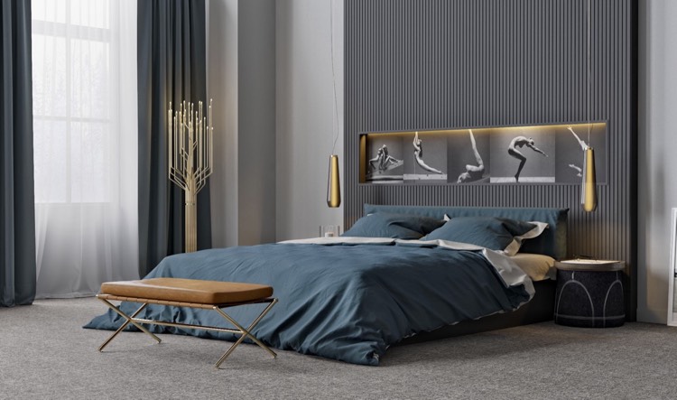 schlafzimmergestaltung-ideen-modern-wandpaneel-holzlatten-grau-fotografien-led-streifen