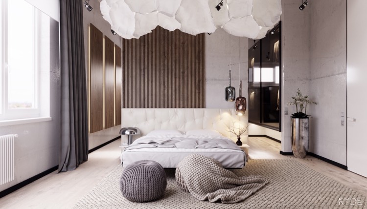 moderne Schlafzimmergestaltung weiss-grau-creme-lederkopfteil