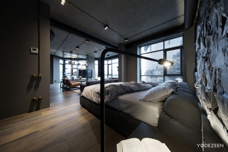 steinwand-schlafzimmer-einrichtung-schwarz-panoramafenster