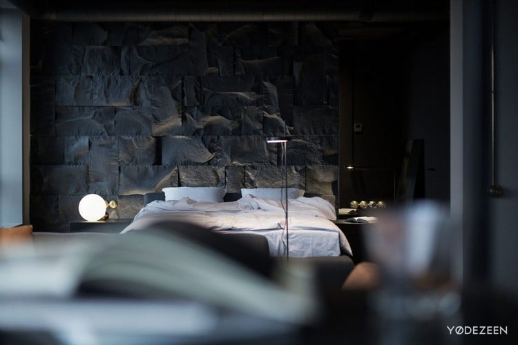Steinwand im Schlafzimmer natursteinwand-schwarz-modern