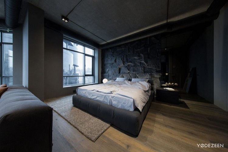 Steinwand im Schlafzimmer schwarze-wandgestaltung-modern