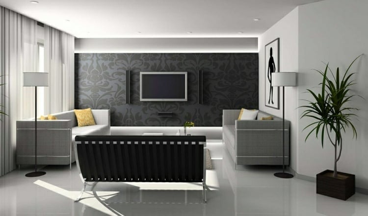 tapeten überstreichen wohnzimmer-mustertapete-papier-fernseher-grau-schwarz-stehlampe-palme-zimmerpflanze