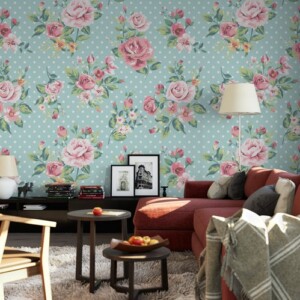 wandgestaltung-rosentapete-wohnzimmer-pastelltöne-romantisch