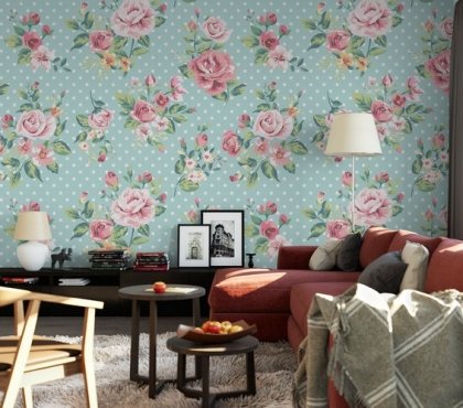 wandgestaltung-rosentapete-wohnzimmer-pastelltöne-romantisch