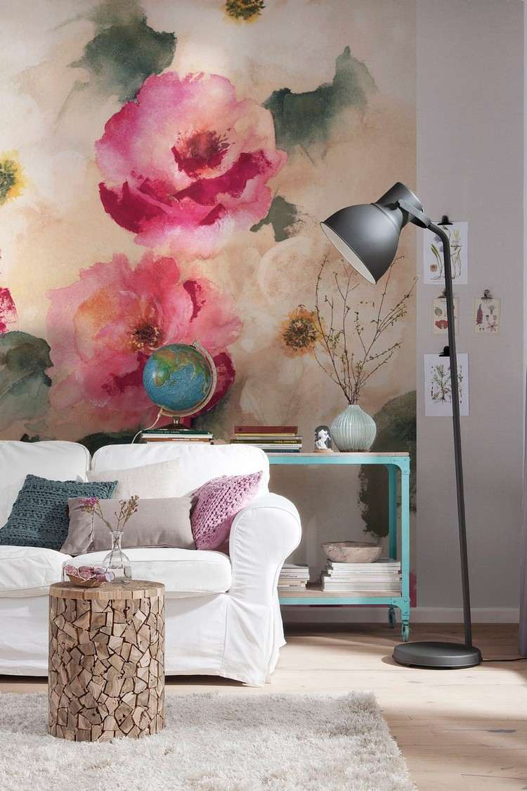 Wandgestaltung mit Rosentapete wohnzimmer-wasserfarben-tapete-bunt